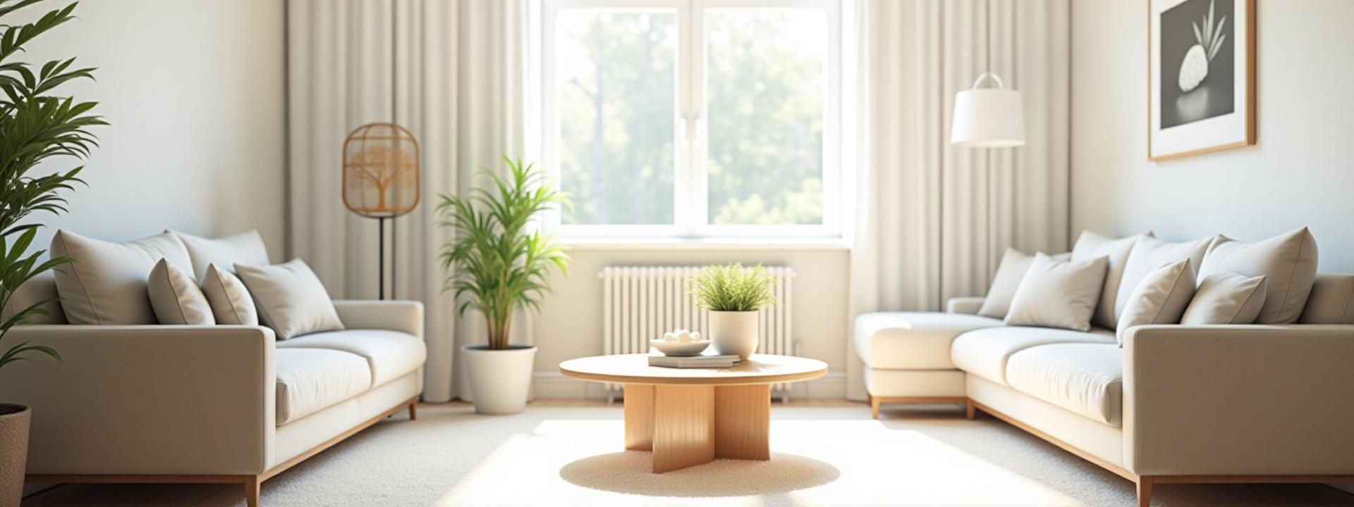 Modern, spotless living room with sunlight streaming in, perfectly tidy and inviting.