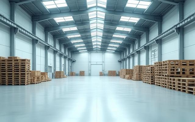 Clean industrial warehouse interior with shiny floors