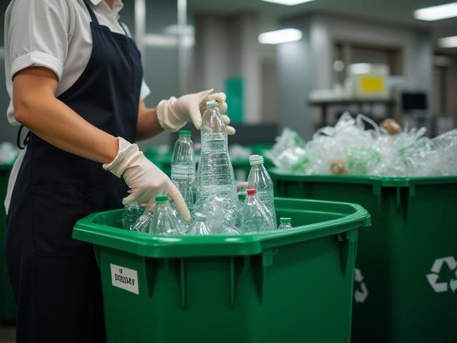 Professional cleaning staff meticulously sorting waste into recycling bins, demonstrating a commitment to responsible waste management practices.