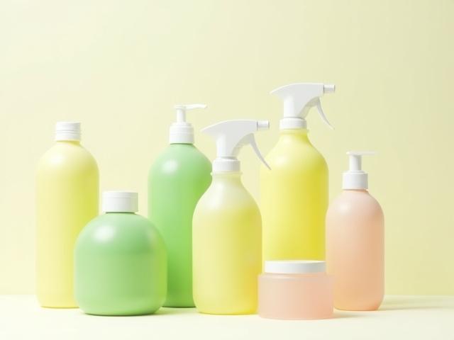 Assortment of eco-friendly, plant-based cleaning products in modern, minimalist packaging, showcasing various bottles and sprays clustered neatly.