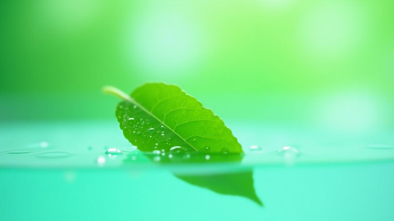 Close-up of a vibrant green leaf with water droplets, symbolizing nature and freshness amidst a sparkling clean environment.