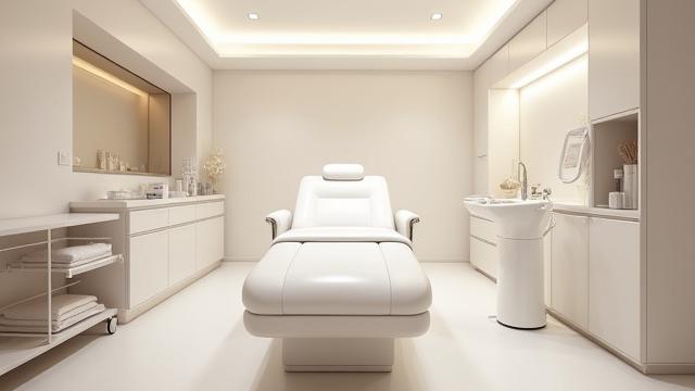 Luxurious and sterile cosmetic clinic treatment room with white leather treatment bed and advanced machinery.