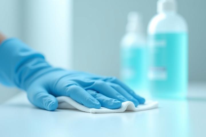 Close-up of a gloved hand in a professional cleaning uniform, meticulously wiping a hospital-grade surface with a disinfectant spray bottle in the background.