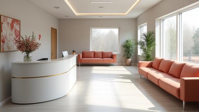 Clean and organized GP surgery reception area with empty chairs and a counter.