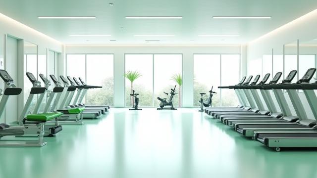 Clean physiotherapy and rehabilitation center with exercise equipment and spacious, disinfected floor.