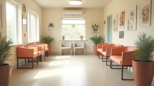 Clean and welcoming veterinary waiting room with animal-friendly seating.