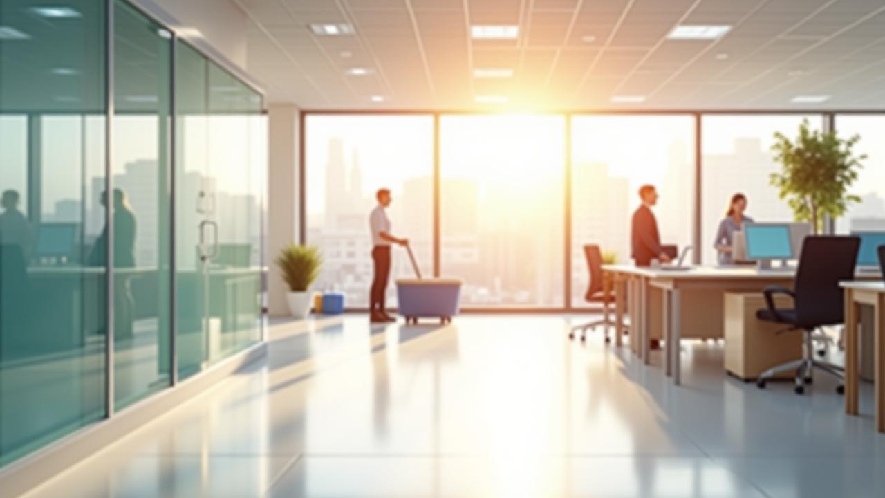 Bright modern office interior with cleaning equipment discreetly placed, conveying professionalism.