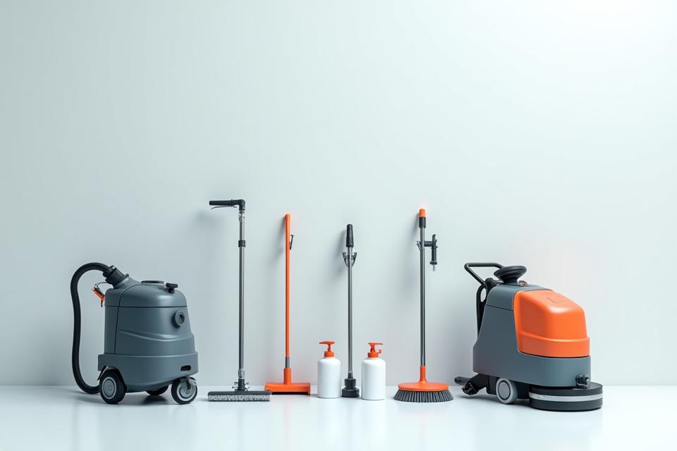 Advanced industrial cleaning equipment, like a HEPA vacuum and floor scrubber, ready for a post-construction clean.