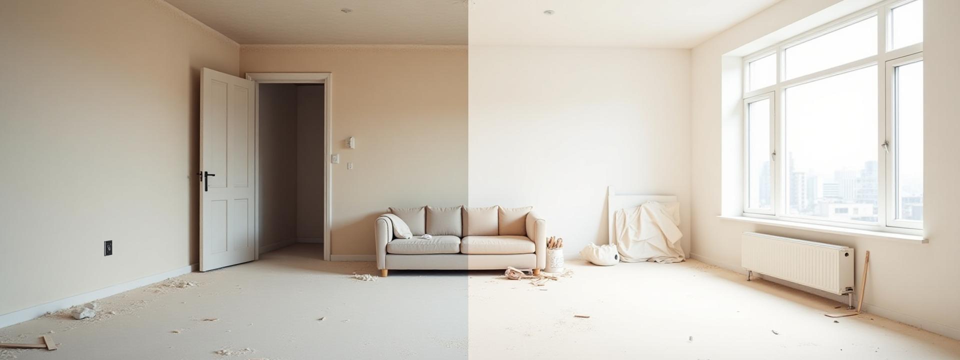 Before and after of a construction site being cleaned, showing a dusty room transforming into a pristine, move-in-ready space.